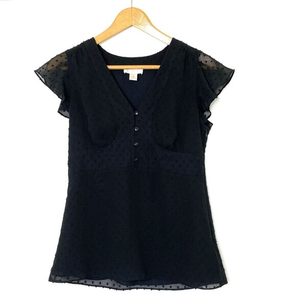Ann Taylor LOFT Flutter Sleeve V Neck Blouse Womens size 4 Black - Picture 1 of 10